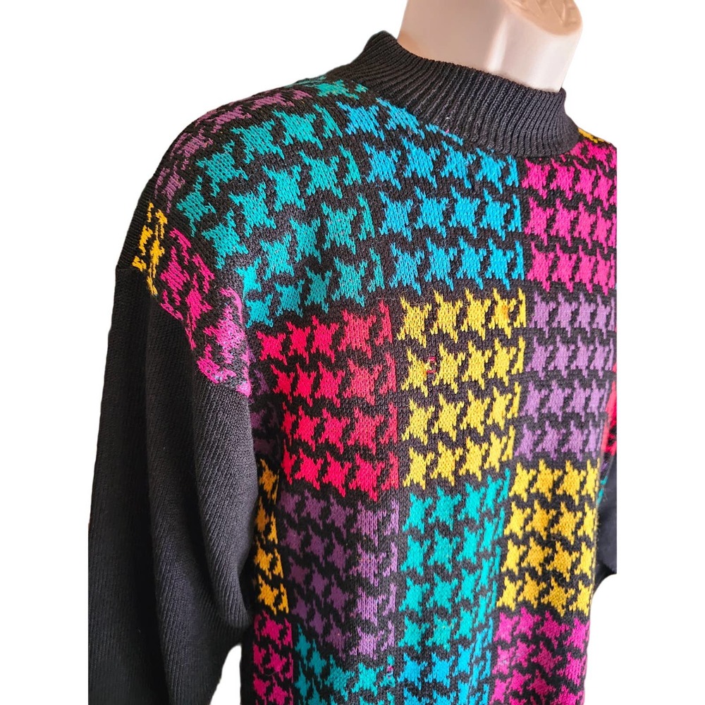 Vintage colorblock houndstooth bright 80s unique unisex? Medium USA - Picture 2 of 8